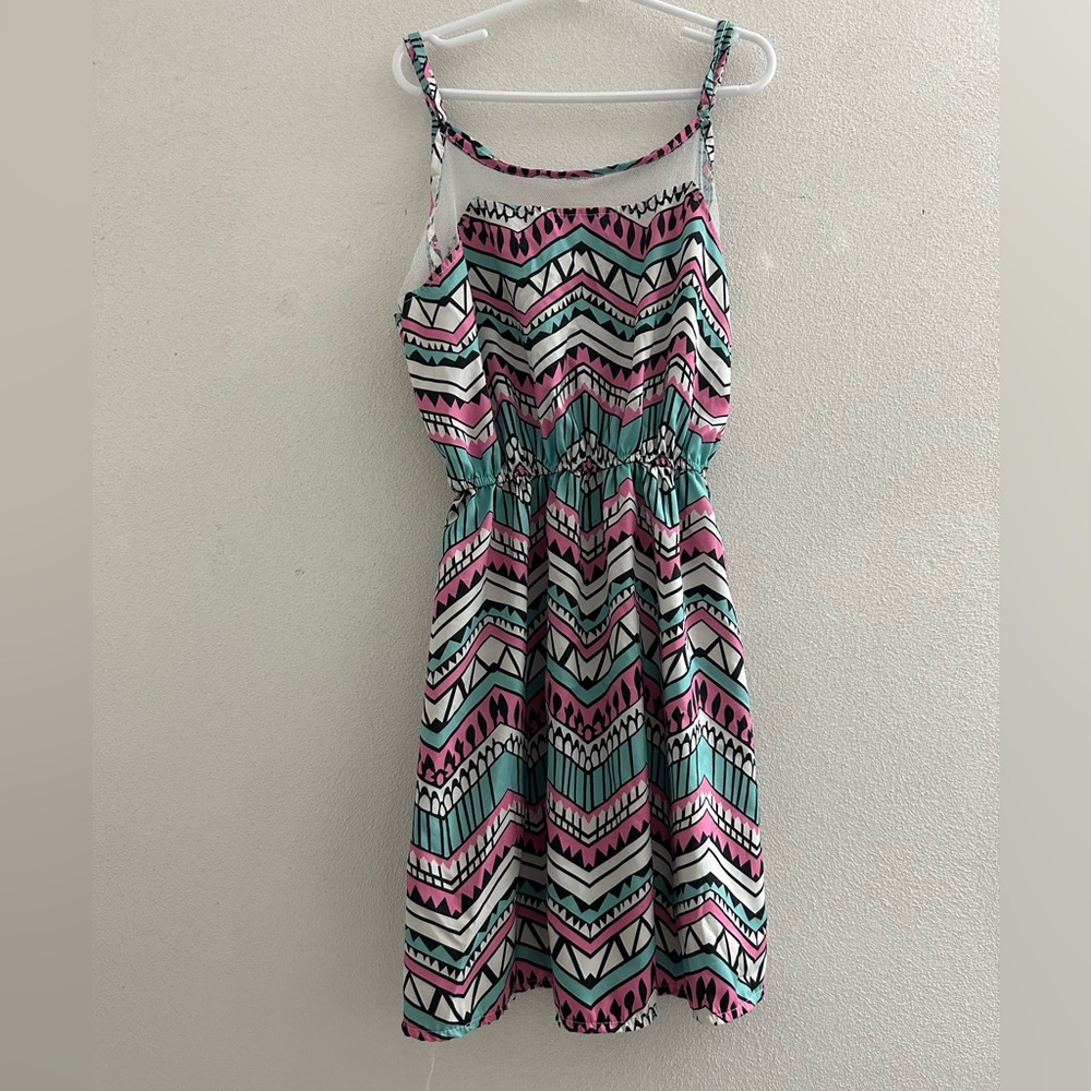Chevron Patterned Pink and Green Geometric Design Dress.